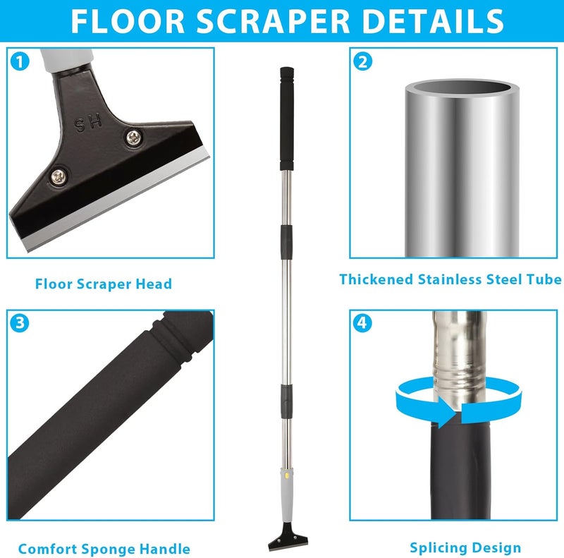 Greeily Floor Scraper, 31" to 61" Scraper Tool Long Handle with 4-inch Razor Blade Stainless Steel Material Adjustable Cleaning Glass Wall Gum Paint Tile Glue Linoleum Carpet Sturdy Durable - Image 3